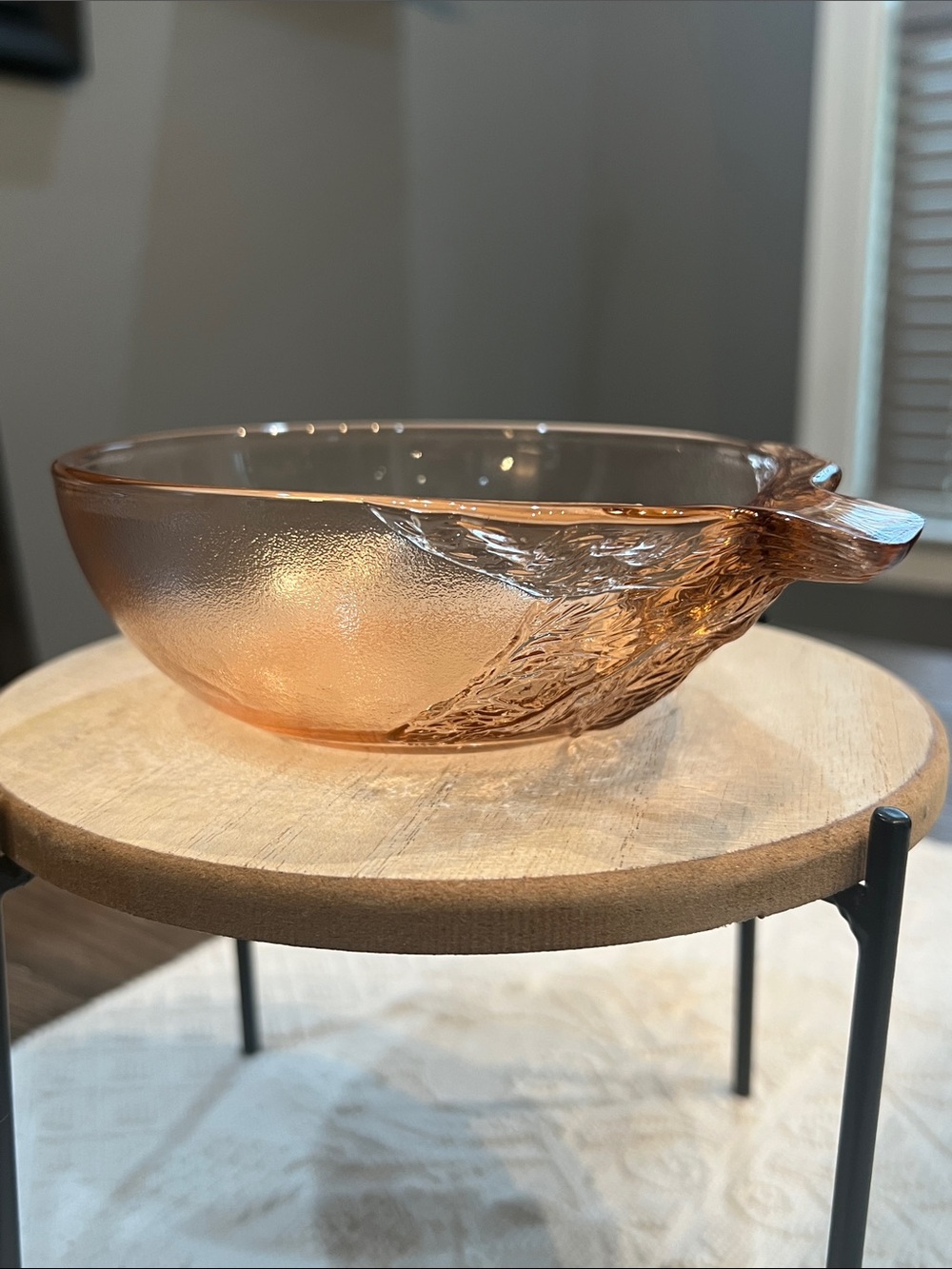 Vintage Pink Glass Bowl Embossed Leaf Motif Made in Indonesia